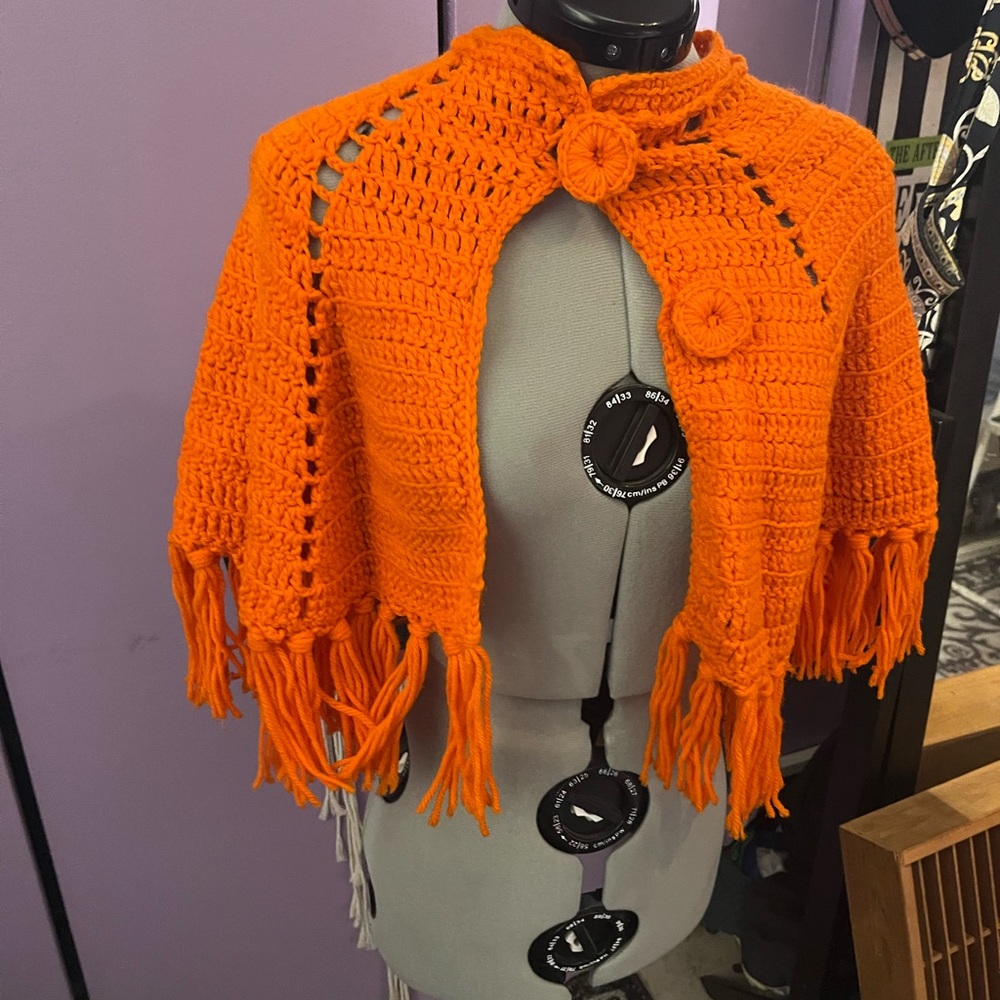 Handmade Orange Crochet Shawl with Fringe